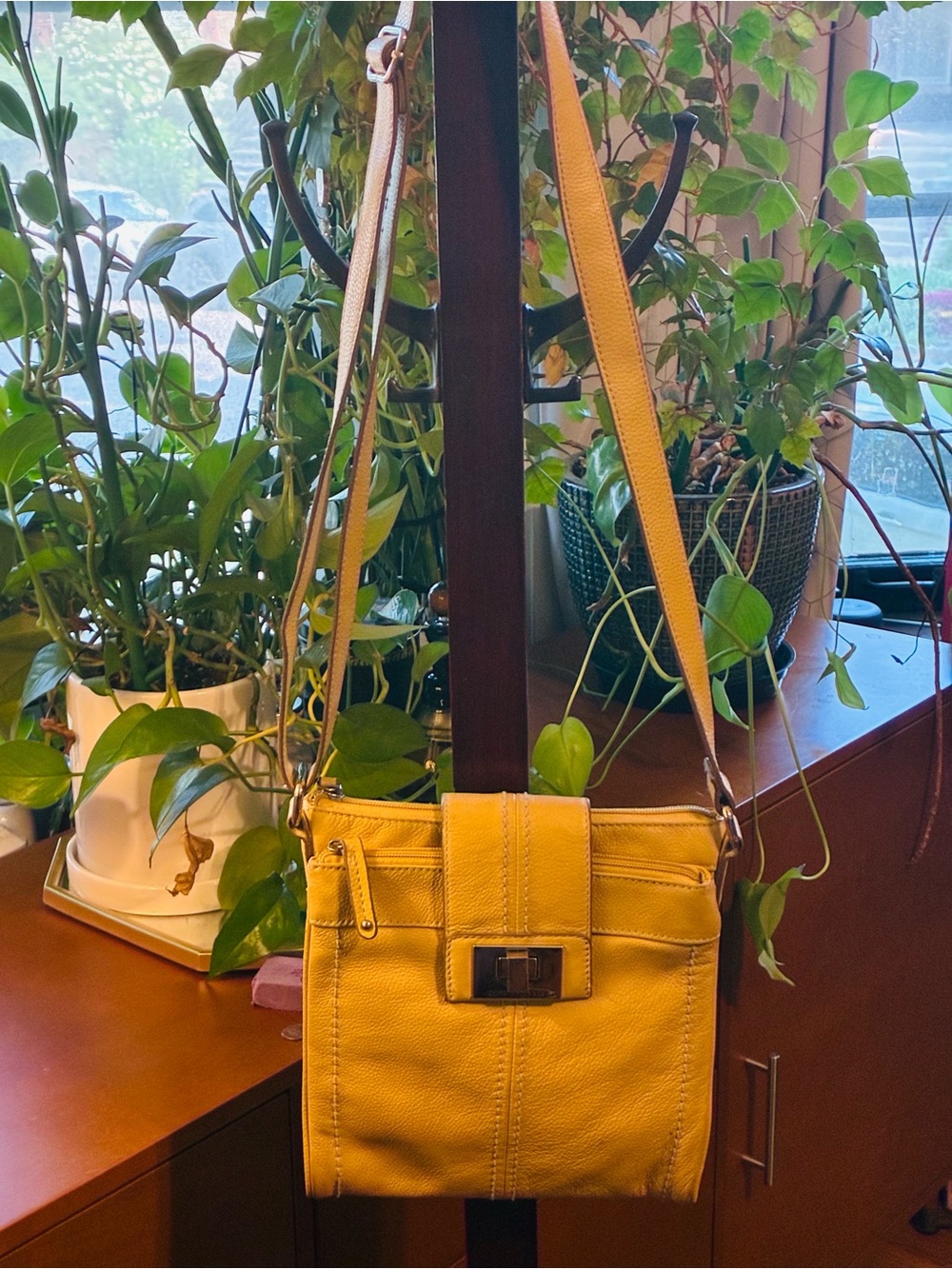 Tignanello Mustard Yellow Leather Crossbody with Front Flap